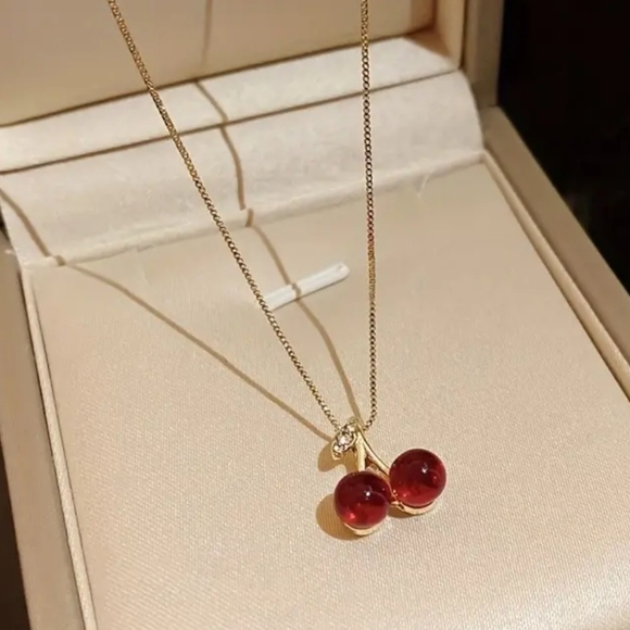 New! Cherry Pendant Necklace with Delicate Leaf - Trendy & Chic - Picture 5 of 8
